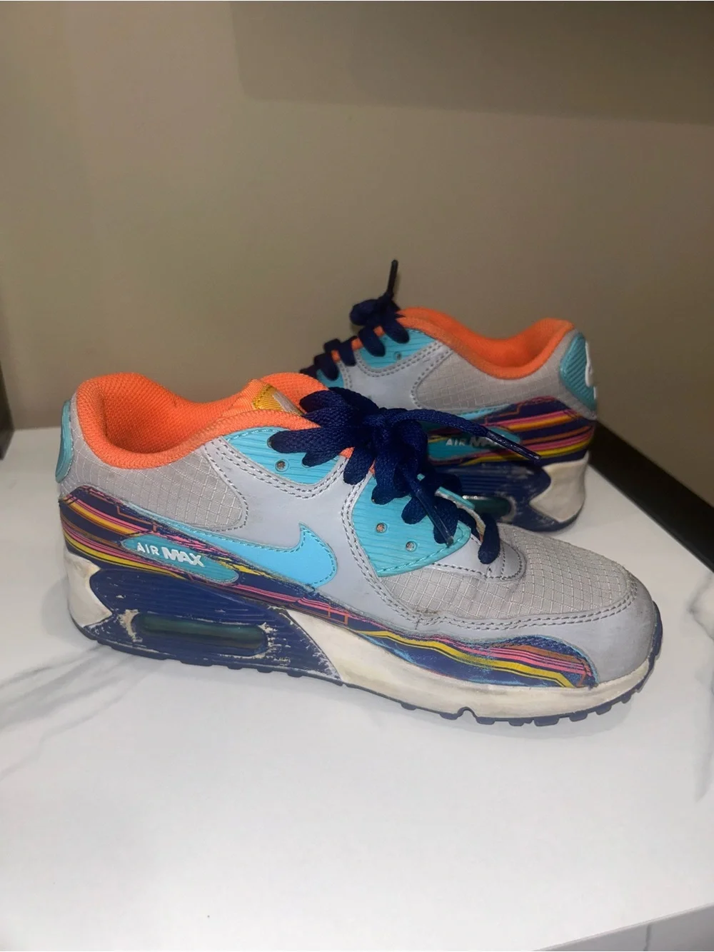 Nike Air Max 90 Youth 4Y Gray Aqua Orange Multicolor Sneakers